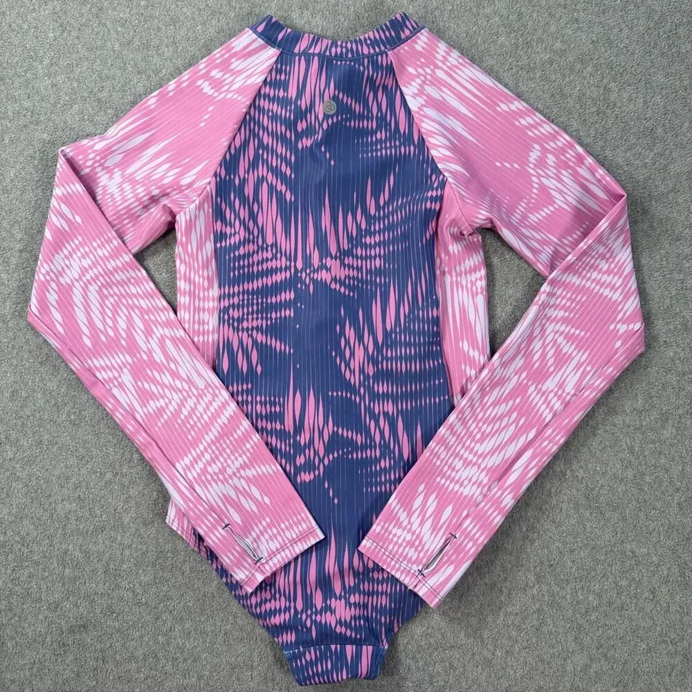 Zella Girls Size 12 Long Sleeve One Piece Swimsuit Zip Up Pink/Blue High Neck